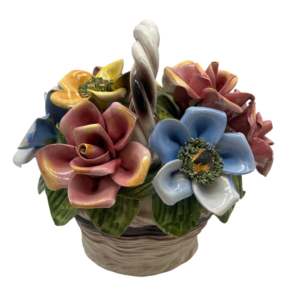 Capodimonte Porcelain Floral Basket Italy Pink Yellow Blue Rose Centerpiece 8in